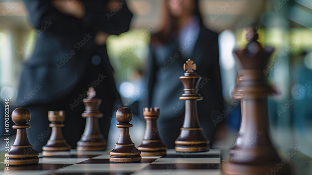 Chess pieces on a chessboard in the office with business people in background. Selective focus. Chess pieces on a chessboard in the office with business people in background. Selective focus.