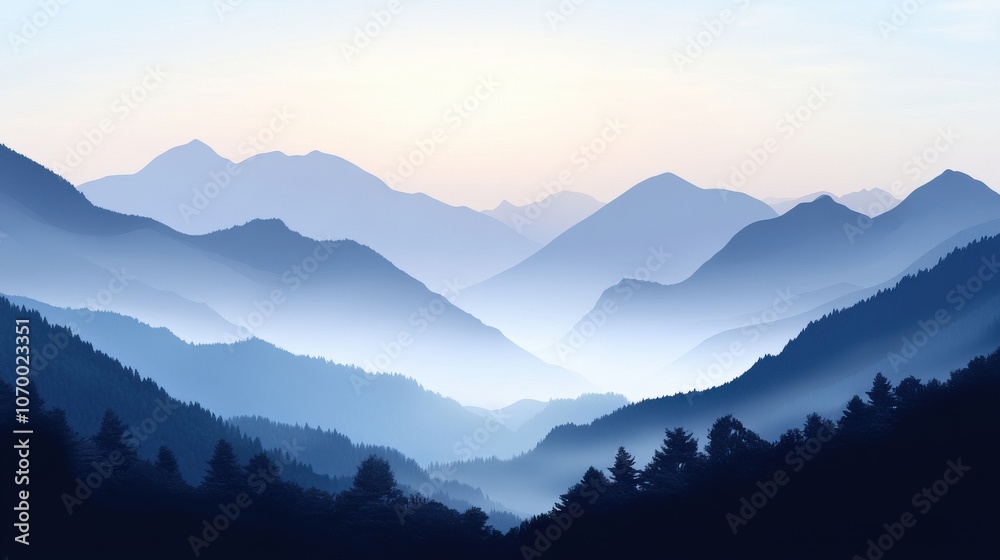 Naklejka premium Serene blue mountains at dawn, with layers of peaks fading into the distance, creating a tranquil atmosphere.