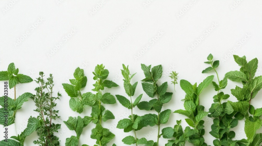 Fresh Green Mint Leaves on White Background Fresh Green Mint Leaves on White Background