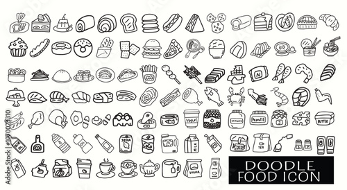 Set  of  outline doodles  food, fast food, bakery,meat,shushi,snack,beverage, ingredient, menu, breakfast, lunch, dinner on white background. Hand drawn elements icons.Vector illustation
