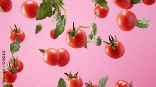 Vibrant Cherry Tomatoes Falling on Pink Background