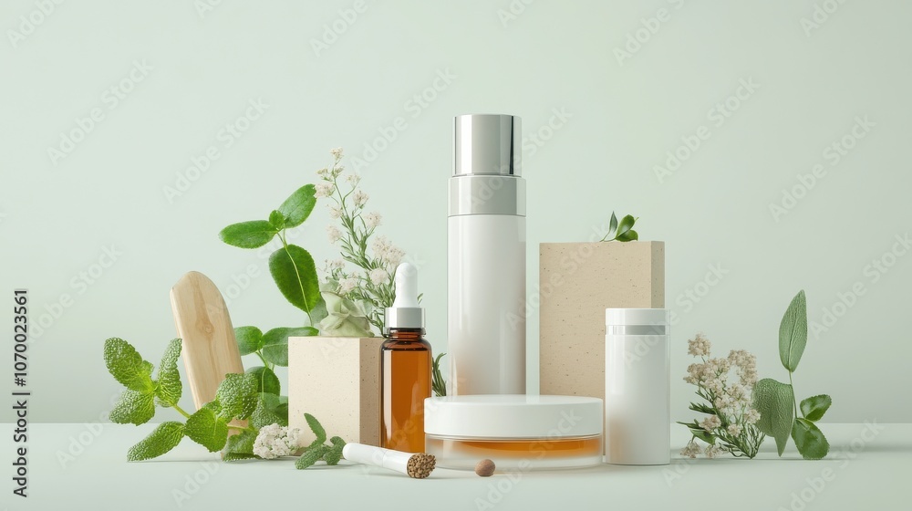 Stylish mockup of natural skincare products arranged with beautiful flowers and plants for a serene aesthetic. Stylish mockup of natural skincare products arranged with beautiful flowers and plants for a serene aesthetic.