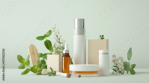Wallpaper Mural Stylish mockup of natural skincare products arranged with beautiful flowers and plants for a serene aesthetic. Torontodigital.ca