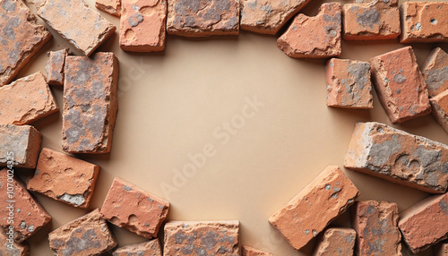 an old wall made of red bricks arranged in a circle on a white background photo photo