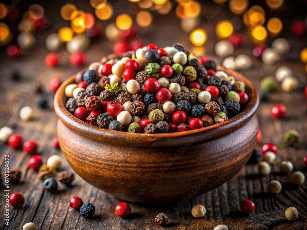 Close-up of Mixed Peppercorns in a Ceramic Bowl on Dark Rustic Background with Bokeh Effect for Culinary and Food Photography Enthusiasts Close-up of Mixed Peppercorns in a Ceramic Bowl on Dark Rustic Background with Bokeh Effect for Culinary and Food Photography Enthusiasts