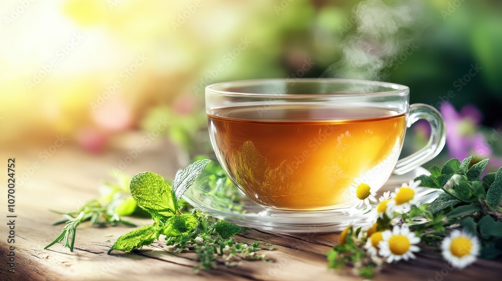 A cup of hot herbal tea with fresh herbs and flowers placed on a rustic wooden table, evoking a sense of calm. A cup of hot herbal tea with fresh herbs and flowers placed on a rustic wooden table, evoking a sense of calm.