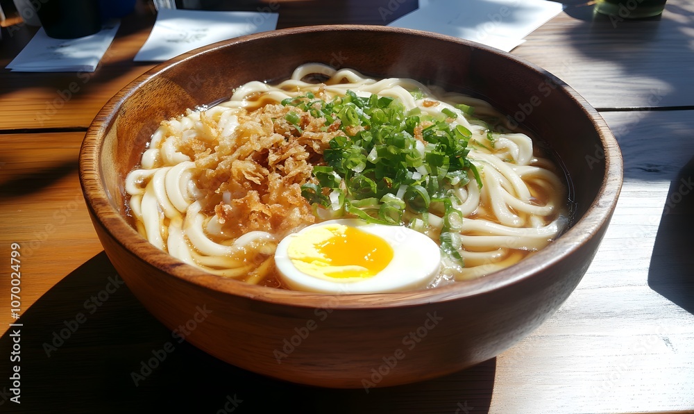 Japanese udon noodles in a wooden bowl, Generative AI Japanese udon noodles in a wooden bowl, Generative AI