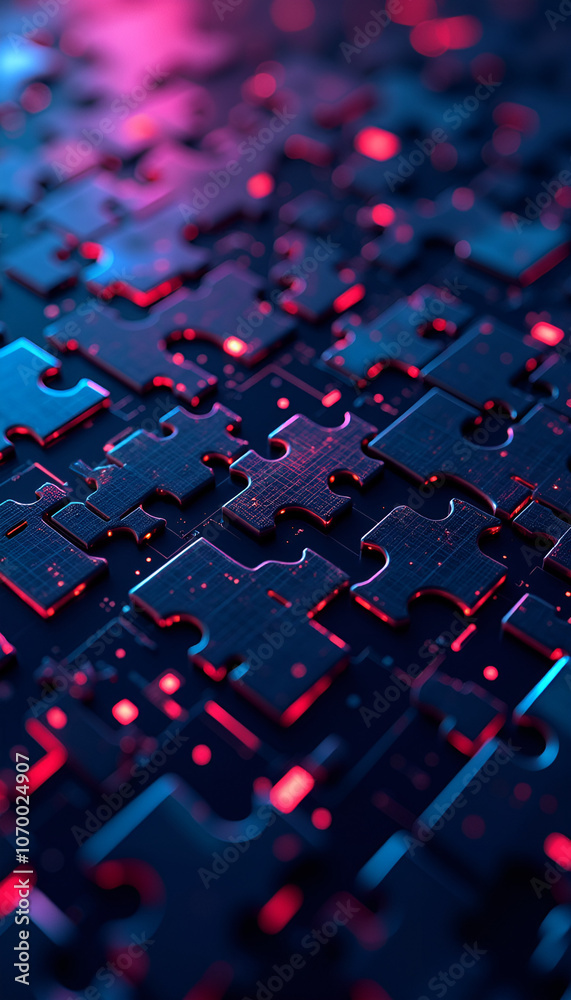 Close-up of colorful puzzle pieces with neon lighting, abstract game background, creative design Close-up of colorful puzzle pieces with neon lighting, abstract game background, creative design