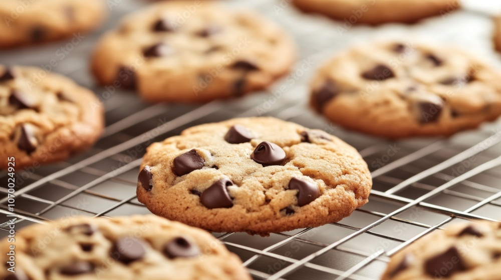Freshly Baked Chocolate Chip Cookies on a Cooling Rack