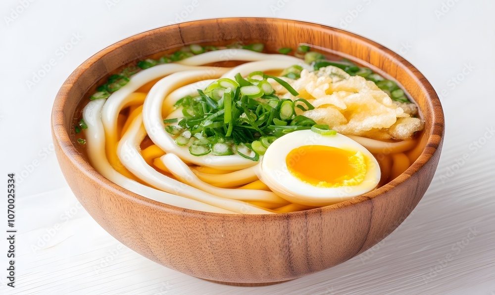 Japanese udon noodles in a wooden bowl, Generative AI Japanese udon noodles in a wooden bowl, Generative AI