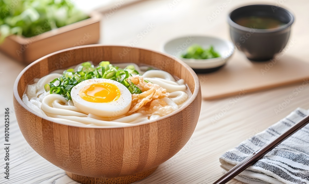 Japanese udon noodles in a wooden bowl, Generative AI Japanese udon noodles in a wooden bowl, Generative AI