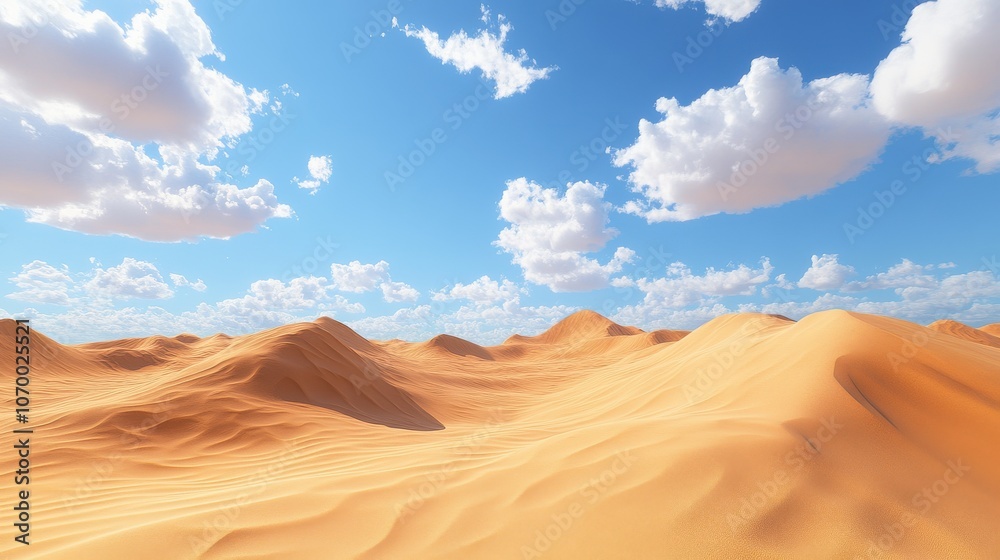 Naklejka premium Expansive desert landscape under a bright blue sky with fluffy white clouds, showcasing undulating sand dunes.