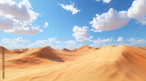 Expansive desert landscape under a bright blue sky with fluffy white clouds, showcasing undulating sand dunes.