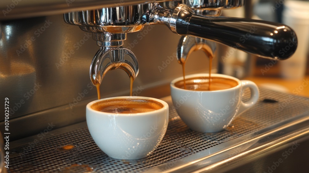 Two espresso shots being brewed into white cups from an espresso machine. Two espresso shots being brewed into white cups from an espresso machine.