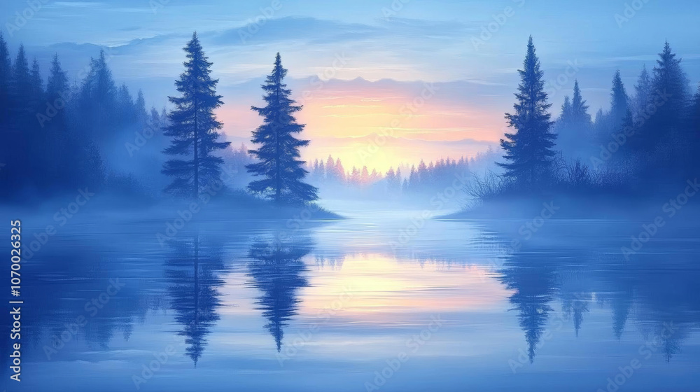 Obraz premium serene landscape at sunrise with misty reflections on water, surrounded by tall trees, creating tranquil atmosphere