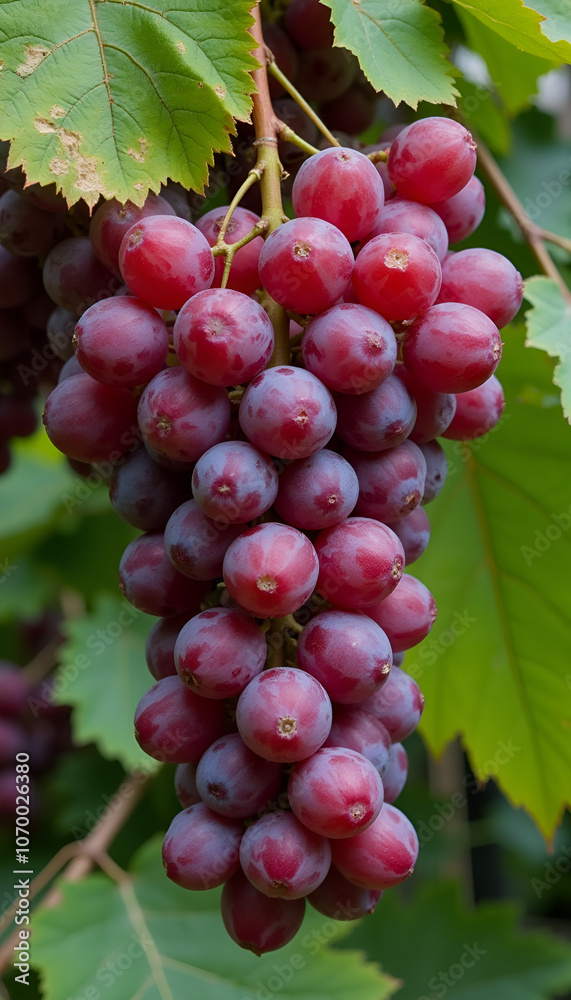 Bunch of red grapes hanging on vine, fresh and juicy, green leaves background Bunch of red grapes hanging on vine, fresh and juicy, green leaves background
