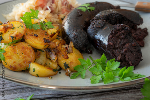 Blutwurst mit Kartoffelgröstel und Sauerkraut - deftige Hausmannskost