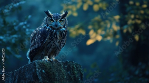 A majestic owl perched on a stone in a misty forest, showcasing its striking features.