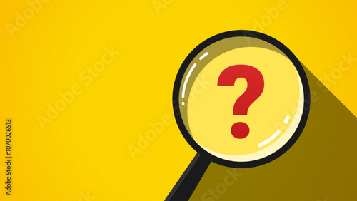 Red question mark with magnifying glass isolated on yellow background. Concept of Question and Answer and solutions in solving problems. Illustration of looking for answers