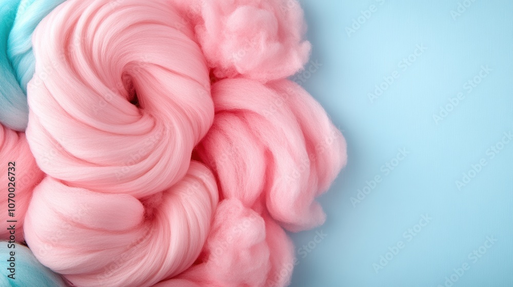 Fluffy pink cotton candy swirls against a pastel blue background, AI Fluffy pink cotton candy swirls against a pastel blue background, AI