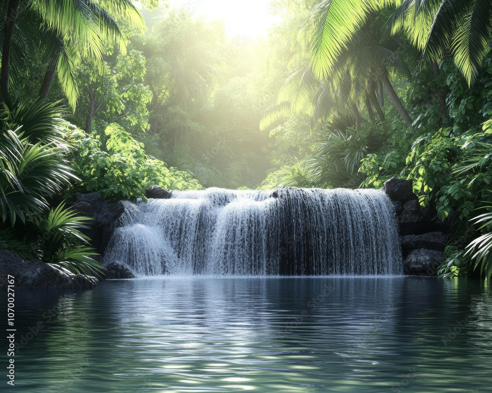 serene jungle scene featuring tranquil waterfall cascading into calm pool, surrounded by lush greenery and vibrant foliage, evoking sense of peace and natural beauty serene jungle scene featuring tranquil waterfall cascading into calm pool, surrounded by lush greenery and vibrant foliage, evoking sense of peace and natural beauty
