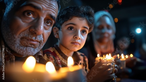 A touching and intimate family moment captured as both young and old gather together, each holding candles that symbolize unity and hope during a nighttime ceremony.