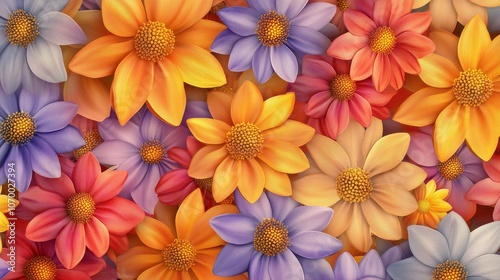 A vibrant arrangement of colorful flowers in shades of orange, pink, and violet creates a vivid floral tapestry.