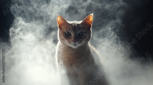 A striking light gray cat emerges through a mystical fog, showcasing its piercing green eyes and soft fur. photo