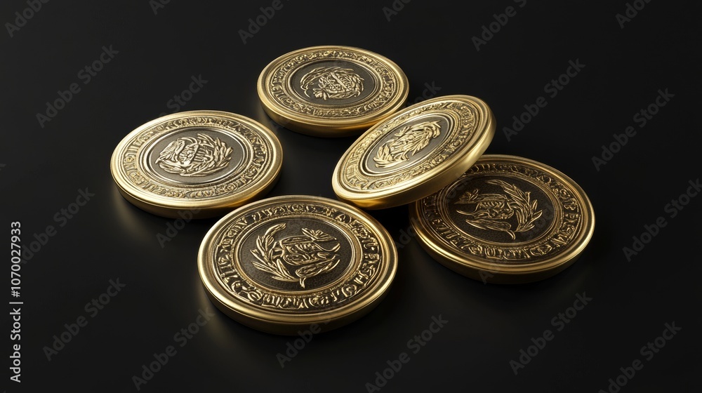 A 3D set of golden coins representing wealth, prosperity, and luxury. A 3D set of golden coins representing wealth, prosperity, and luxury.