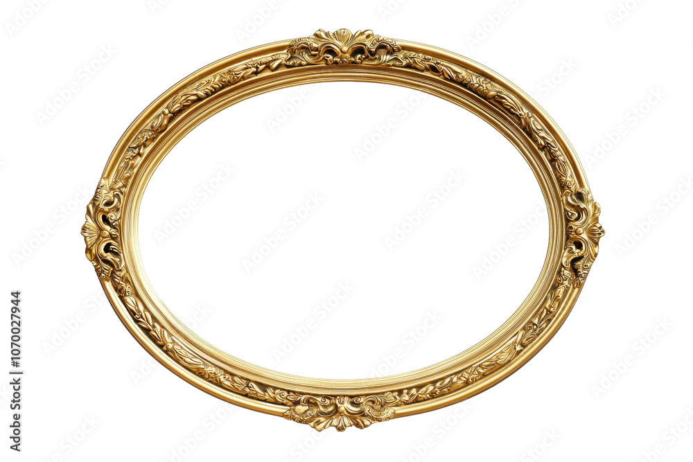 Elegant oval golden frame with intricate carved details, isolated on a transparent background. Ideal for art, portrait or decorative projects. Elegant oval golden frame with intricate carved details, isolated on a transparent background. Ideal for art, portrait or decorative projects.