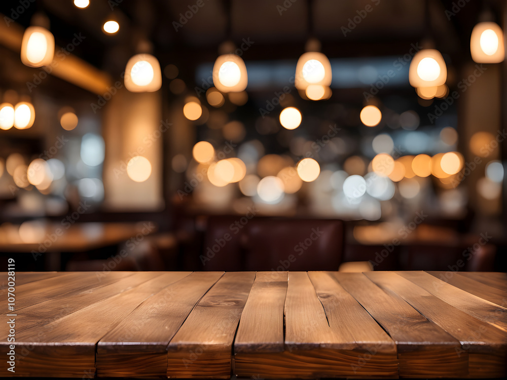 Empty wooden table top on blur light golden bokeh of cafe restaurant, bar in a dark background.