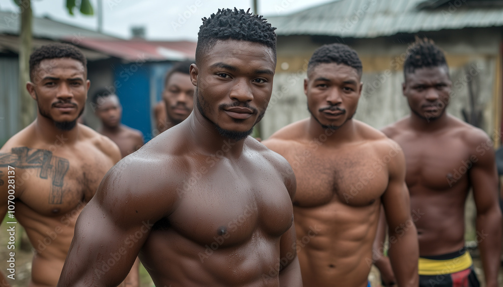 Group of Muscular Men Posing Outdoors in Rain Group of Muscular Men Posing Outdoors in Rain