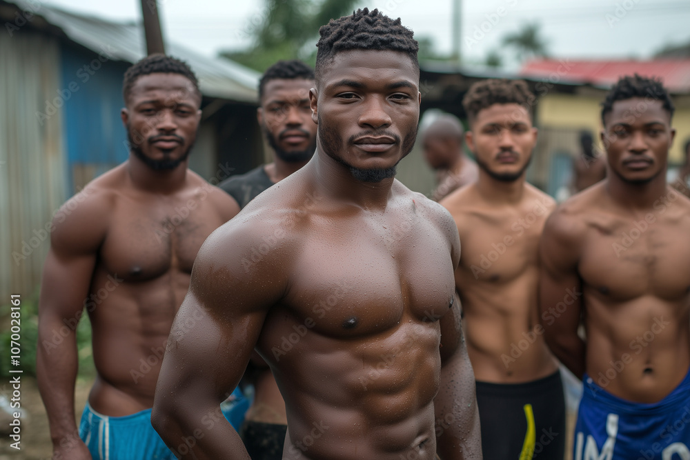 Group of Muscular Men Posing Outdoors in Rain Group of Muscular Men Posing Outdoors in Rain
