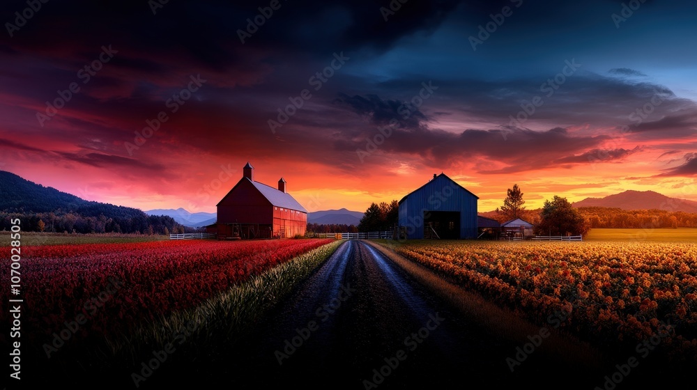 Fototapeta premium A stunning sunset sky enriches the colors of a farm landscape, with red barns and vibrant fields, creating a picturesque and serene rural atmosphere.