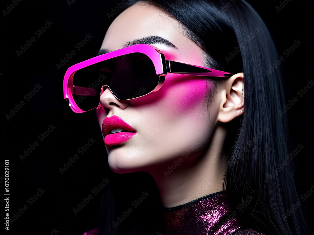 Portrait of a gorgeous brunette fashion model with pink makeup and funky sunglasses Portrait of a gorgeous brunette fashion model with pink makeup and funky sunglasses
