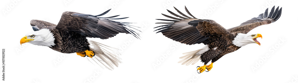 Obraz premium In this illustration, we see a bald eagle (Haliaeetus leucocephalus) in motion and in landing position. It is a wildlife-themed, photorealistic illustration on a transparent background.
