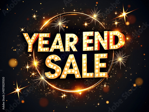 Fancy and flashy year-end sale promotional sales banner with gold stars and illuminated text for business