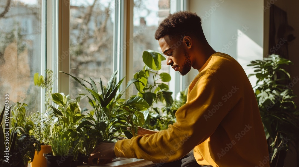 Dedicated man thoroughly cleans home windows for a bright and inviting atmosphere Dedicated man thoroughly cleans home windows for a bright and inviting atmosphere