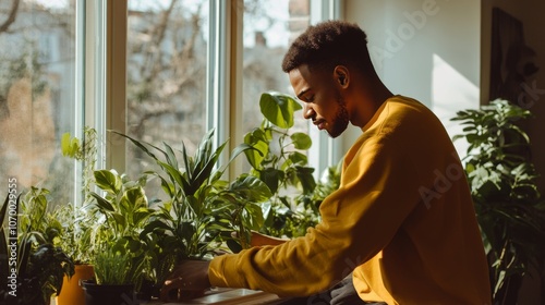 Dedicated man thoroughly cleans home windows for a bright and inviting atmosphere photo