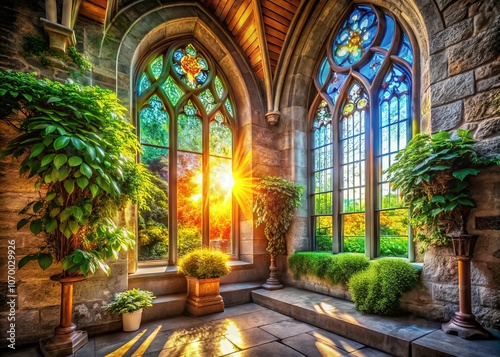 Church with Stained Glass Windows and Green Plant Emerging from the Window: A Symbol of Nature's Resilience and Spirituality in Sacred Spaces