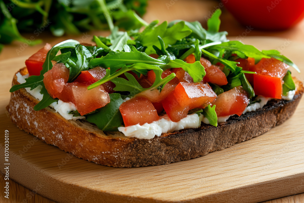 Fresh Bruschetta with Tomatoes, Arugula, and Ricotta on Toasted Bread Fresh Bruschetta with Tomatoes, Arugula, and Ricotta on Toasted Bread