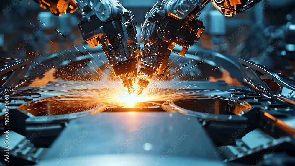 Industrial robotic arm welding car in automotive manufacturing plant