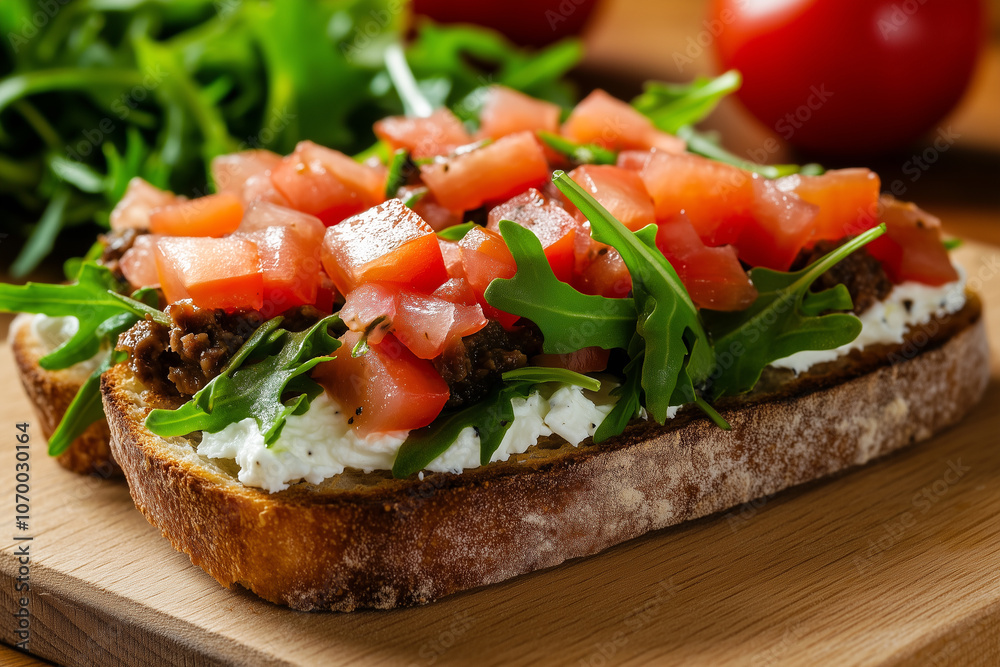 Fresh Bruschetta with Tomatoes, Arugula, and Ricotta on Toasted Bread Fresh Bruschetta with Tomatoes, Arugula, and Ricotta on Toasted Bread