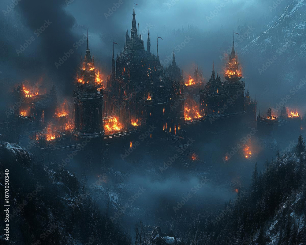 haunting castle engulfed in flames, surrounded by dark mountains and smoke, creates stunning and breathtaking depiction of destruction and despair haunting castle engulfed in flames, surrounded by dark mountains and smoke, creates stunning and breathtaking depiction of destruction and despair