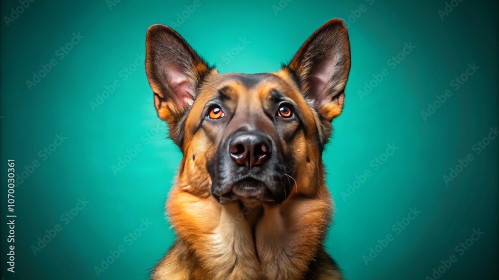Obraz premium Close-Up of a German Shepherd Dog Gazing Upward Against a Teal Background, Highlighting Its Attentive Nature and Intricate Fur Texture in Stunning Detail