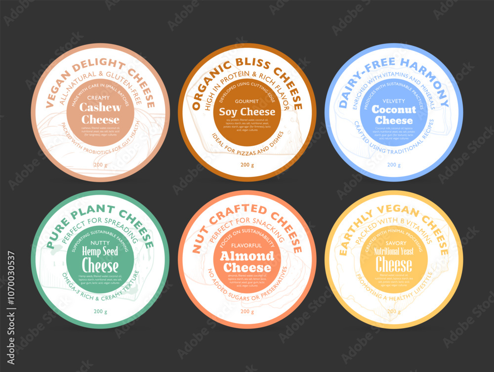 A variety of dairy-free cheese labels featuring flavors like cashew, almond, and coconut stored against a dark background A variety of dairy-free cheese labels featuring flavors like cashew, almond, and coconut stored against a dark background