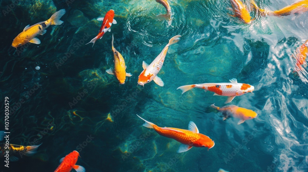 Colorful koi fish swimming in clear water, creating a serene aquatic scene. Colorful koi fish swimming in clear water, creating a serene aquatic scene.
