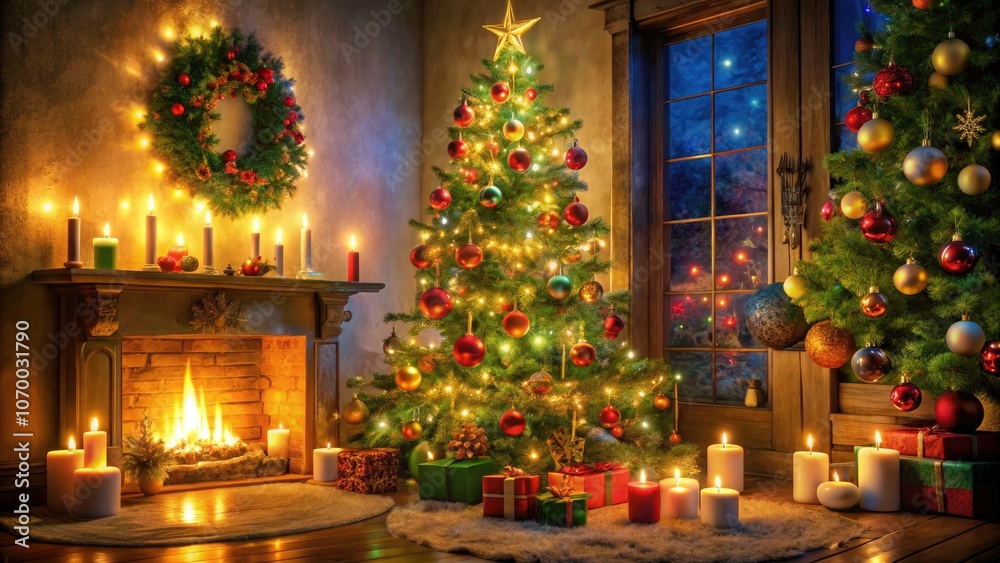 Enchanting Night Photography of a Christmas Tree Adorned with Festive Decorations and Glowing Candles for a Cozy Holiday Atmosphere Enchanting Night Photography of a Christmas Tree Adorned with Festive Decorations and Glowing Candles for a Cozy Holiday Atmosphere