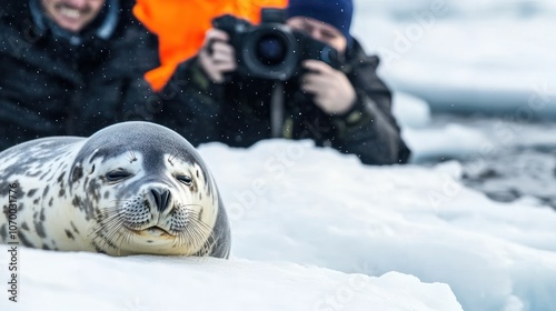 A close-up of people observing and photographing a seal sleeping on an ice floe on an Arctic study tour. The atmosphere is quiet and cold photo