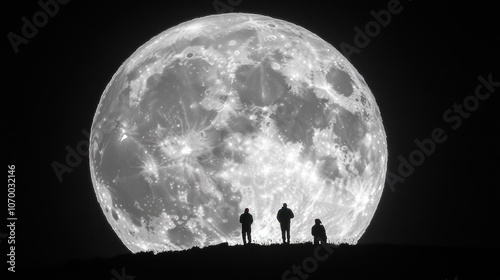 A full moon at night. Tourists use telescopes to see details of the lunar surface. photo